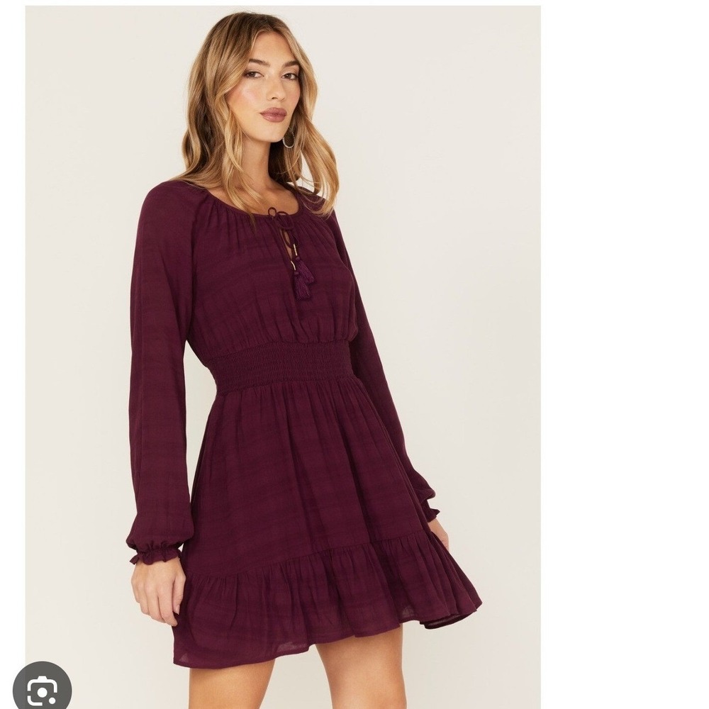 Idyllwind‎ Womens Smock Long Sleeve Mini Dress Burgundy Lace Up Tassels Boho M